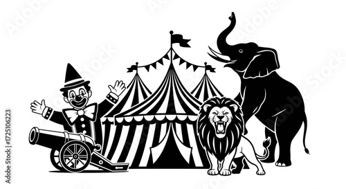 Circus scene with tent, clown, cannon, lion, and elephant