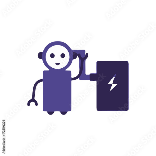 A cheerful robot charging its battery in a minimalist, futuristic environment with vibrant colors