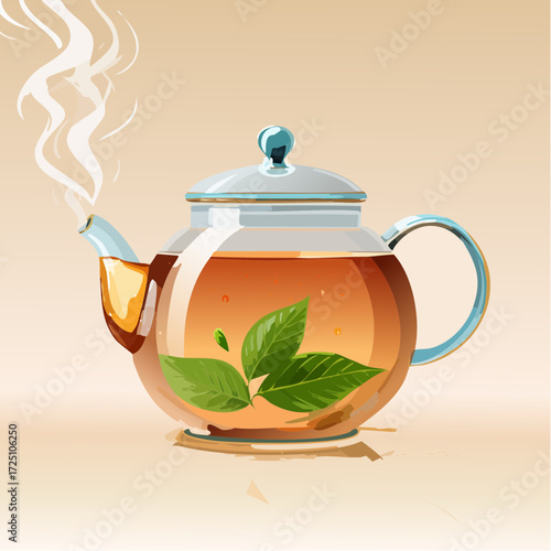A clear glass teapot steams gently, revealing fresh green leaves infusing in a warm, amber-colored herbal beverage, perfect for a calming moment or healthy refreshment