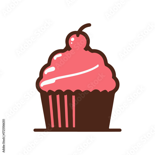 A delicious pink frosted cupcake topped with a cherry, set against a simple white background