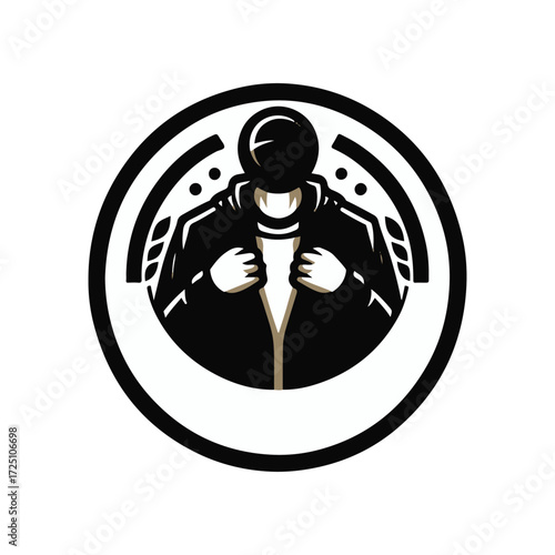 A faceless figure adjusting their jacket in a minimalist circular design, symbolizing anonymity
