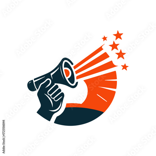 A hand holding a megaphone projecting sound waves and stars, symbolizing communication and influence