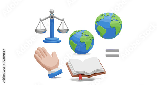 Scales, globes, hand, book represent equality