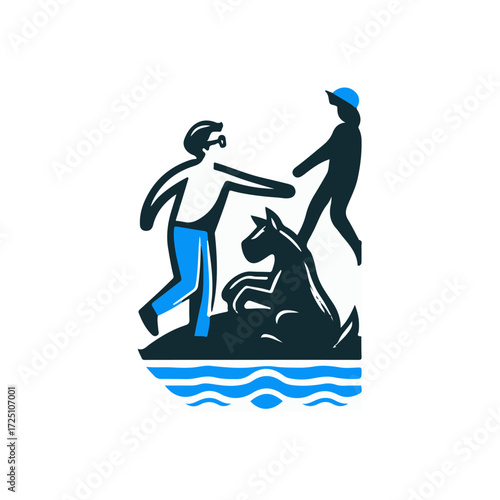 A man and a woman interact playfully on a small island with a dog, surrounded by water