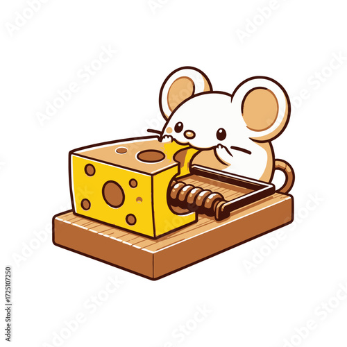 A cartoon mouse nibbling on a piece of cheese while sitting on a classic wooden mousetrap