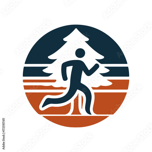 A silhouette of a runner in front of a stylized tree against a sunset background