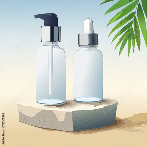 Clear glass cosmetic bottles with pumps and droppers, presented on a textured pedestal with palm leaf shadow
