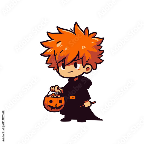 A cheerful child in a black cloak holding a pumpkin bucket filled with candy during Halloween