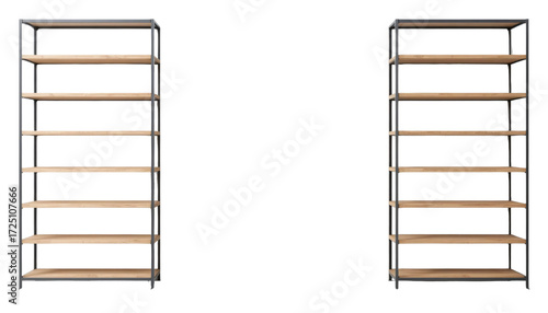 Two realistic 3D renders of modern industrial style bookshelves, each with five wooden shelves and black metal frames, displayed side-by-side from slightly different angles against a transparent backg