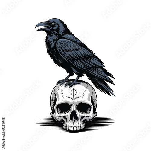 Detailed Gothic Raven Sitting on Human Skull
