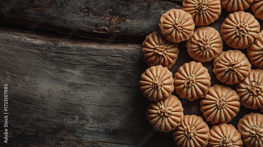 Fototapeta premium Chinese walnut cookies arranged circular pattern rustic wooden table