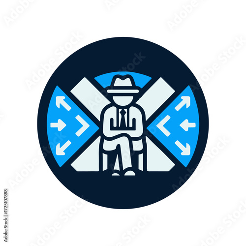 A stylish figure seated with crossed arms, surrounded by directional arrows indicating choices