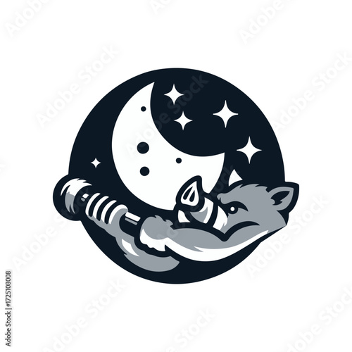 A stylized boar character holding a telescope, gazing at the night sky filled with stars and a moon
