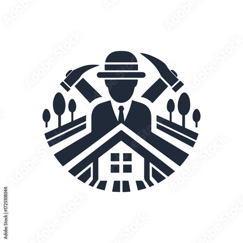 A stylized depiction of a farmer in a suit overseeing a farm with trees and a house