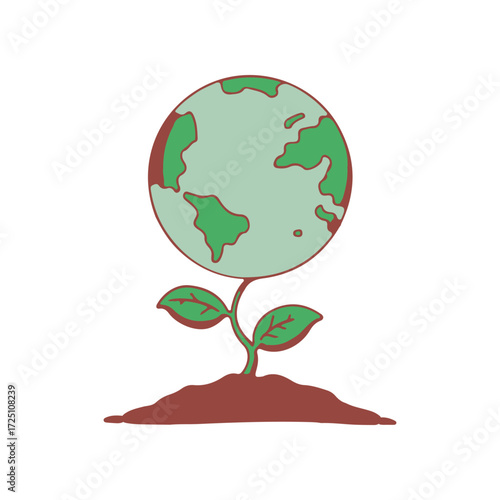 A stylized illustration of a globe sprouting from the ground, symbolizing environmental growth and sustainability