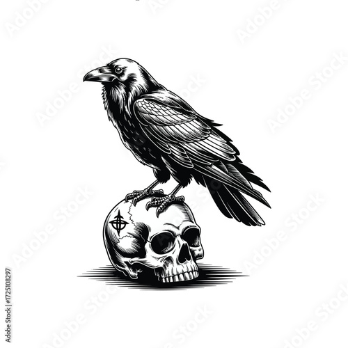 Eerie Black Raven on Skull Vector Tattoo