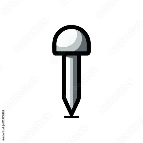 A close-up view of a metallic nail standing upright on a white background, ideal for construction themes