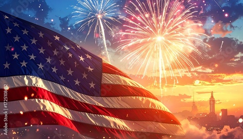 Large American flag waving with fireworks over New York City skyline at sunset, symbolizing patriotism, celebration, and national identity.