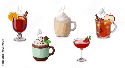 Various winter holiday drinks illustration