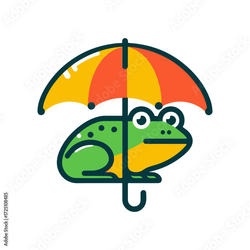A colorful frog sitting under a vibrant umbrella in a whimsical outdoor setting