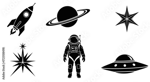 Space exploration icons in black color