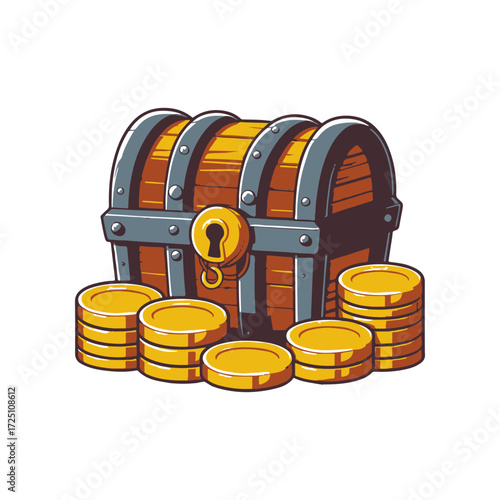 A colorful treasure chest overflowing with gold coins, set against a whimsical background
