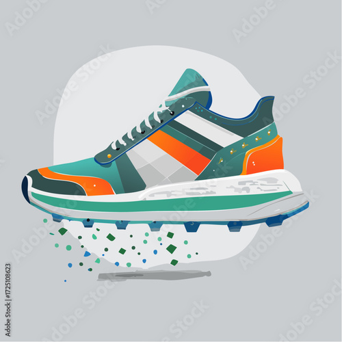 Dynamic athletic running shoe illustration, conceptually exploded into outsole, midsole, upper layers; materials floating in a vibrant display of its modern design and innovative components