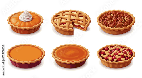 Collection of autumn pies vector illustration of pumpkin apple and pecan pies isolated on white back