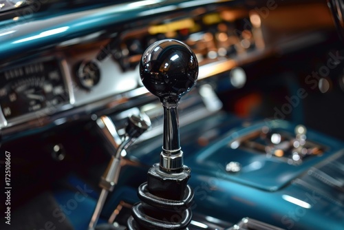 Close up of a vintage car's gear shift and dashboard