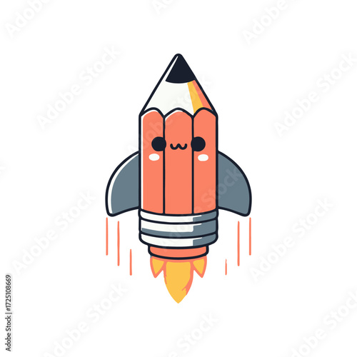 A cute pencil-shaped rocket launching into space with a bright orange flame, symbolizing creativity