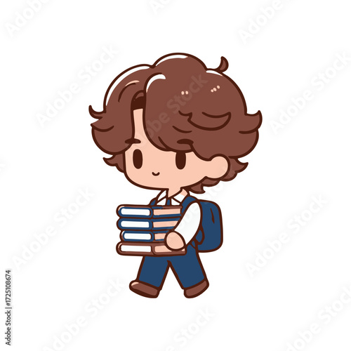 A cute character with curly hair carrying books, dressed in a school uniform, walking happily