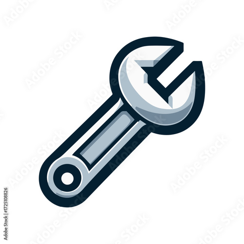 A detailed illustration of a shiny silver wrench on a white background, symbolizing tools and repair