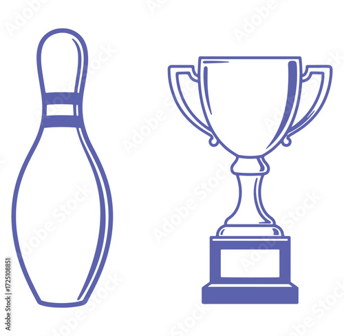 Simple vector illustration of a bowling pin and trophy cup on white background