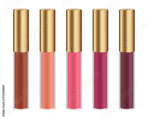 Set of transparent lip gloss tubes. Cosmetic product container mockup. Pink, red, burgundy, peach and brown bottles with gold cap