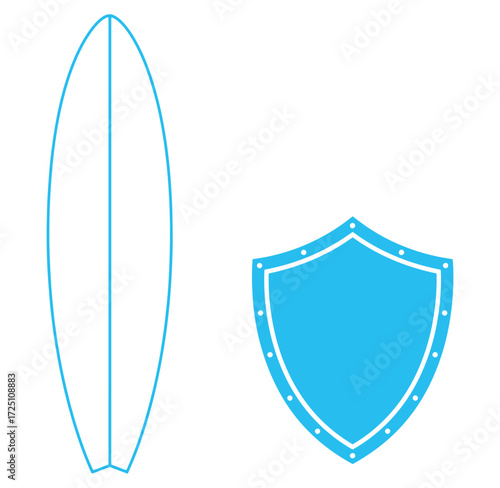 Surfboard and shield illustration depicting protection and security in a simple vector design
