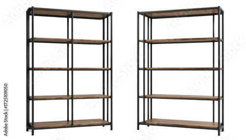Two realistic 3D renders of modern industrial style bookshelves, each with five wooden shelves and black metal frames, displayed side-by-side from slightly different angles against a transparent backg