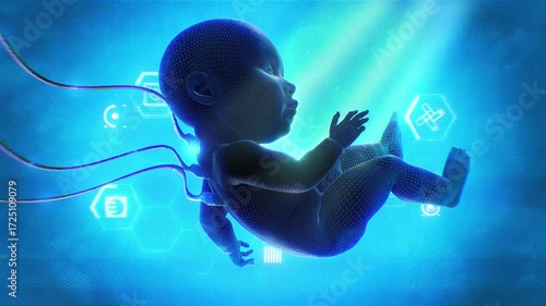 A 3D character of a synthetic human baby attached to wires and floating over a tech style background with digital detail and pulsing effects.

