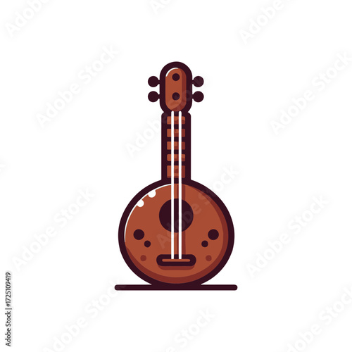 A traditional string instrument with a round body and long neck, set against a minimalistic background