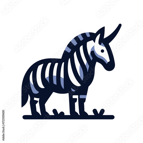 A whimsical unicorn with zebra stripes standing in a grassy field against a simple background