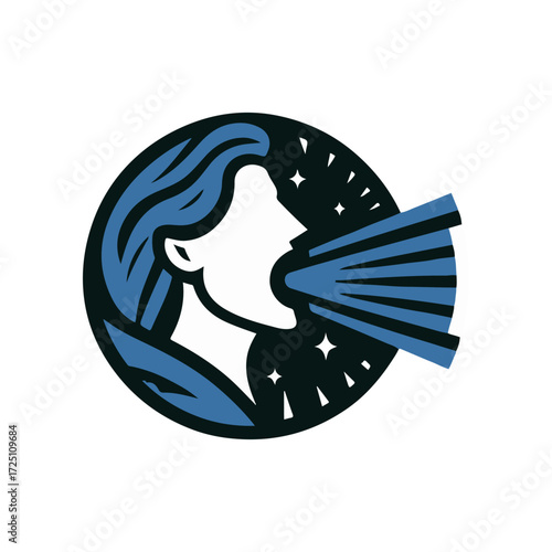 Abstract depiction of a person speaking with sound waves emanating, set against a cosmic background