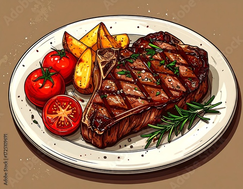 Grilled Steak with Potatoes and Tomatoes.