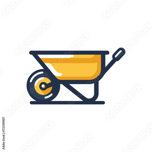 A vibrant yellow wheelbarrow positioned on a construction site with tools in the background