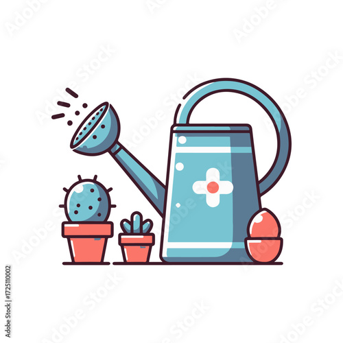 A whimsical illustration of a watering can nurturing potted plants with an egg nearby