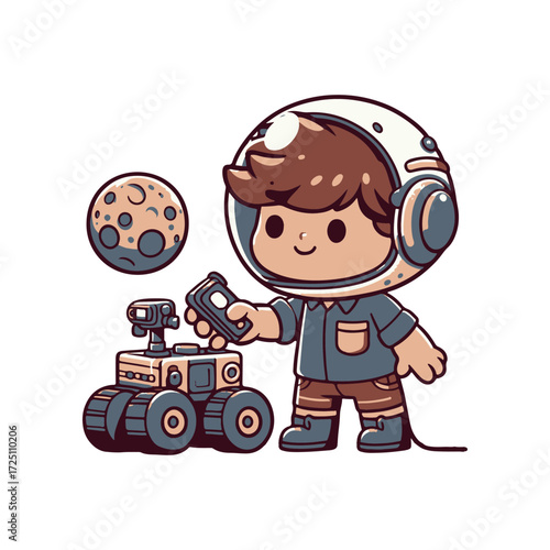 A young astronaut interacts with a robotic rover on a distant moon, exploring the surface