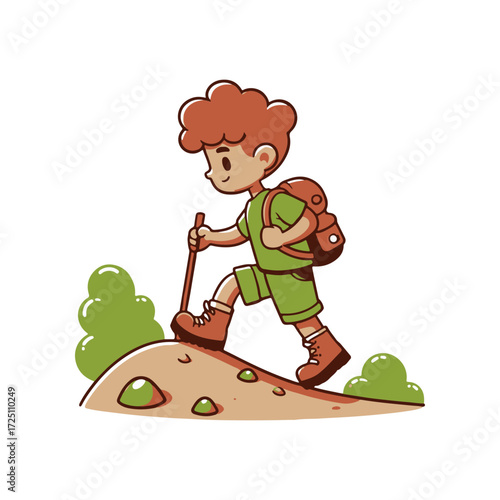 A young boy hiking up a hill with a backpack, surrounded by green bushes and rocks