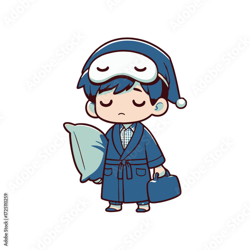 A young boy in a blue robe and sleep mask holding a pillow and bag, ready for bedtime