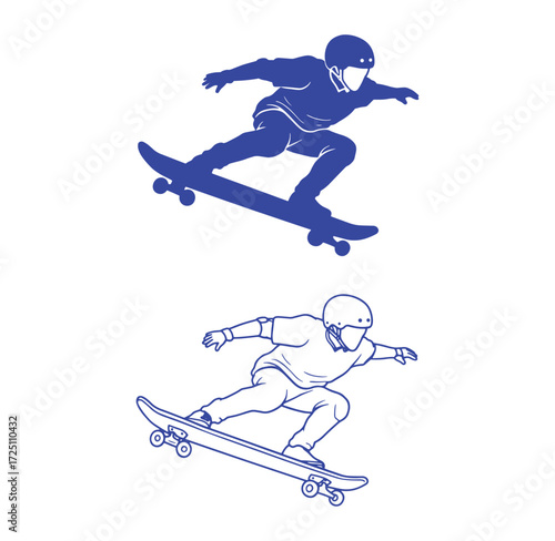 Two artistic illustrations of a skateboarder performing a jump and riding downward on a skateboard