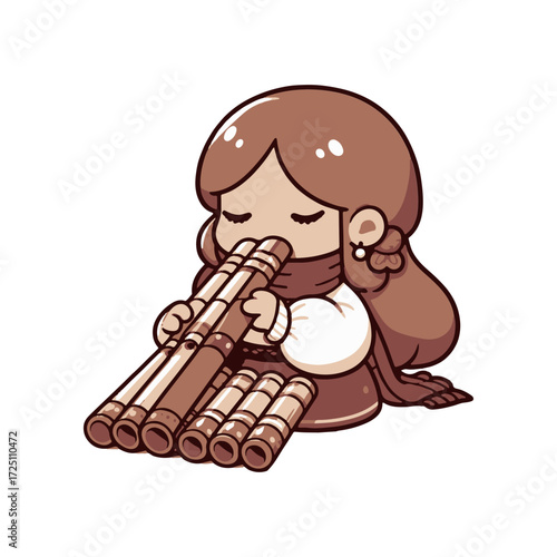 A young girl in traditional attire playing a bamboo flute, immersed in music, with a serene expression