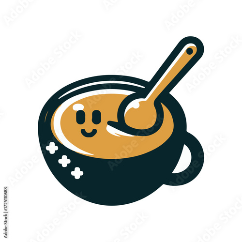 Cheerful bowl of soup with a smiling face and spoon, set against a simple white background