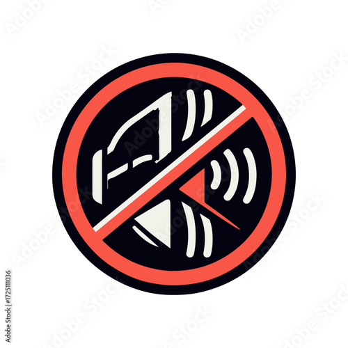 Circular sign indicating no sound or noise allowed, featuring a car and sound waves, suitable for public spaces